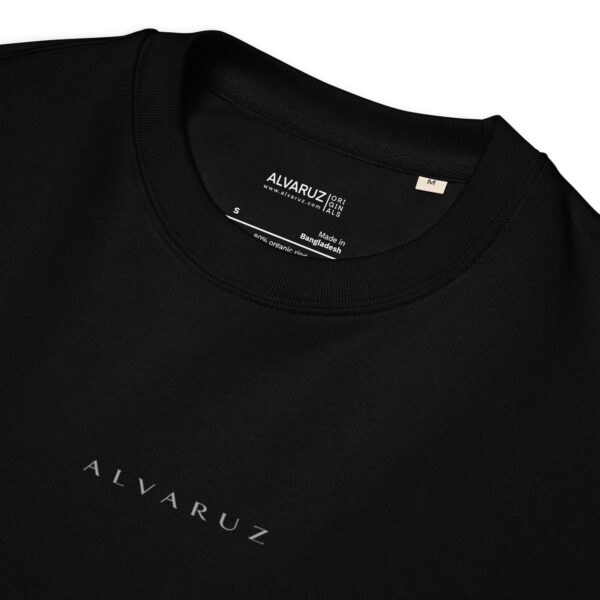 unisex-organic-sweatshirt-black-product-details-6882acbea1702.jpg ALVARUZ—EXCLUSIVE sweatshirt in black, unisex, comfortable and elegant, featuring a stylized minimalist logo