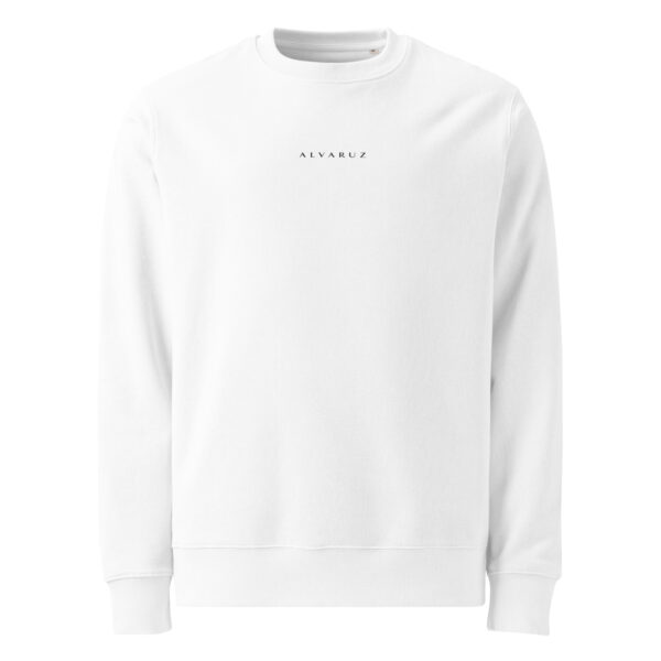 unisex-organic-sweatshirt-white-front-6882b59e4b556.jpg ALVARUZ—EXCLUSIVE White sweatshirt, unisex, comfortable and elegant, featuring a stylized minimalist logo